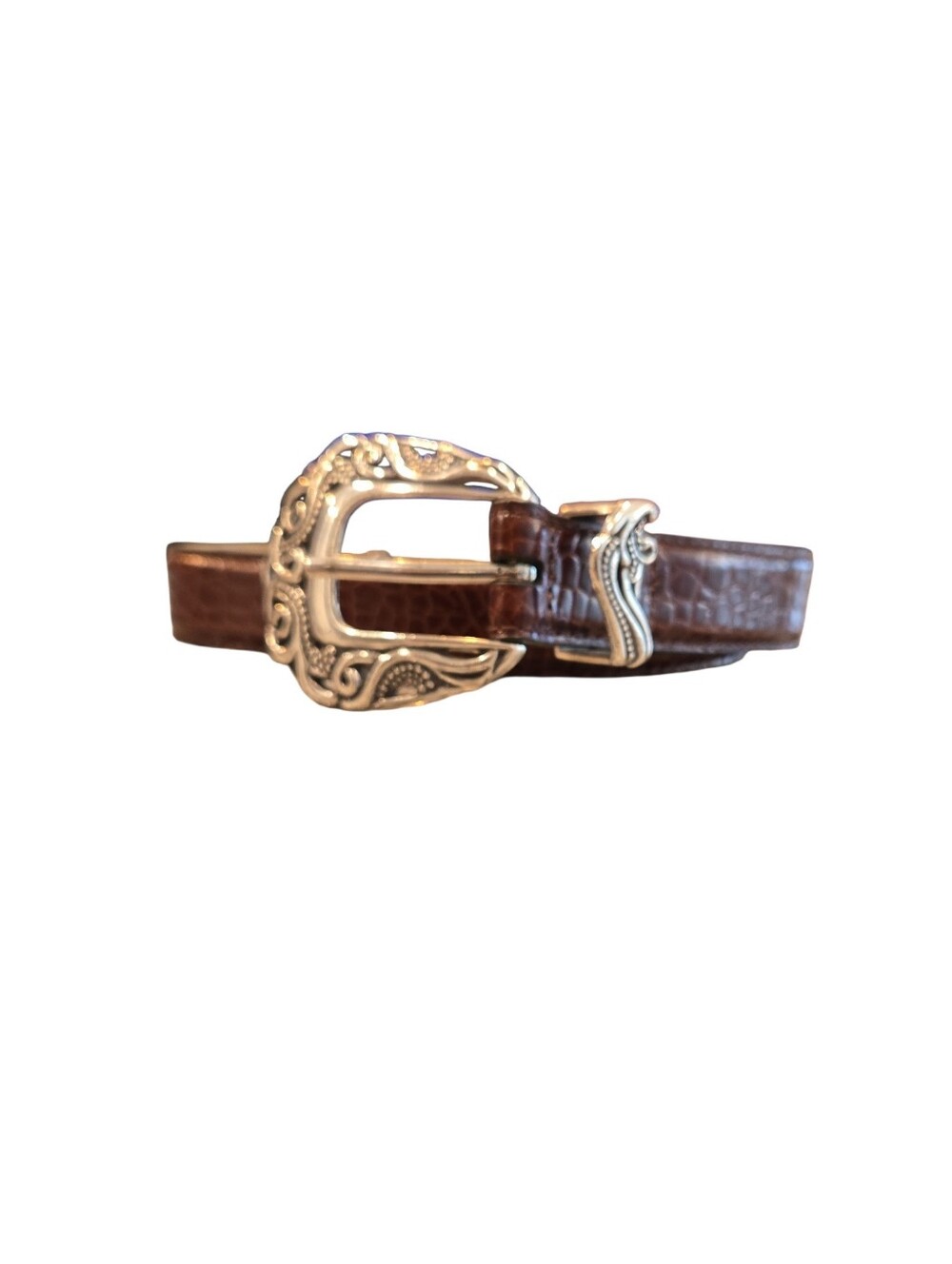 COLDWATER CREEK LEATHER CROC EMBOSSED BELT W/WESTERN INSPIRED BELT BUCKLE. SZ S.